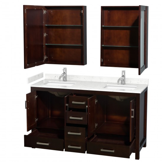 60 Inch Double Bathroom Vanity in Espresso, Carrara Cultured Marble Countertop, Sinks, Medicine Cabinets