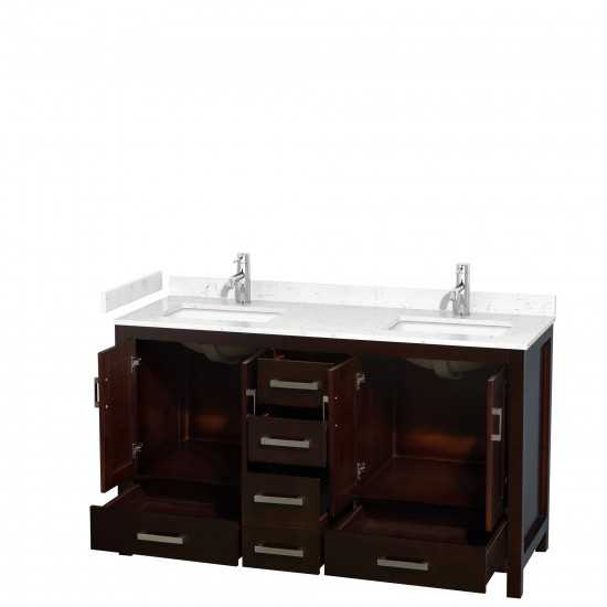 60 Inch Double Bathroom Vanity in Espresso, Carrara Cultured Marble Countertop, Sinks, No Mirror