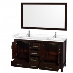 60 Inch Double Bathroom Vanity in Espresso, White Cultured Marble Countertop, Sinks, 58 Inch Mirror