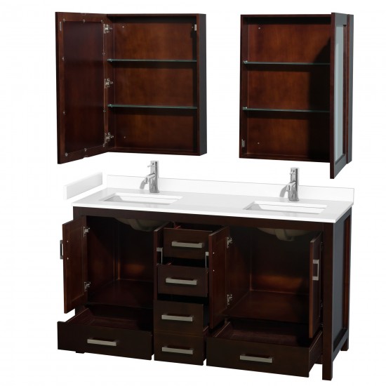 60 Inch Double Bathroom Vanity in Espresso, White Cultured Marble Countertop, Sinks, Medicine Cabinets