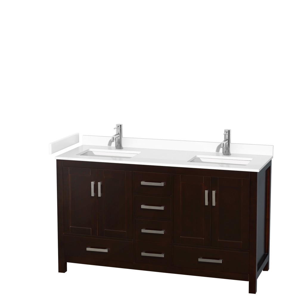 60 Inch Double Bathroom Vanity in Espresso, White Cultured Marble Countertop, Sinks, No Mirror