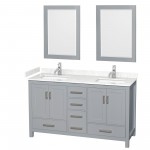 60 Inch Double Bathroom Vanity in Gray, Carrara Cultured Marble Countertop, Sinks, 24 Inch Mirrors