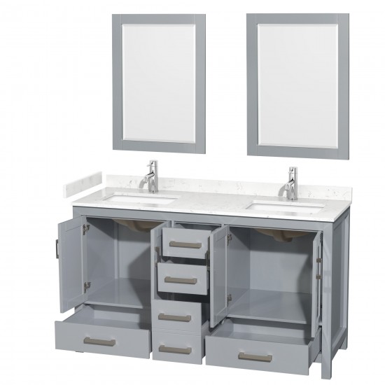 60 Inch Double Bathroom Vanity in Gray, Carrara Cultured Marble Countertop, Sinks, 24 Inch Mirrors