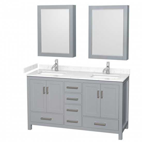 60 Inch Double Bathroom Vanity in Gray, Carrara Cultured Marble Countertop, Sinks, Medicine Cabinets