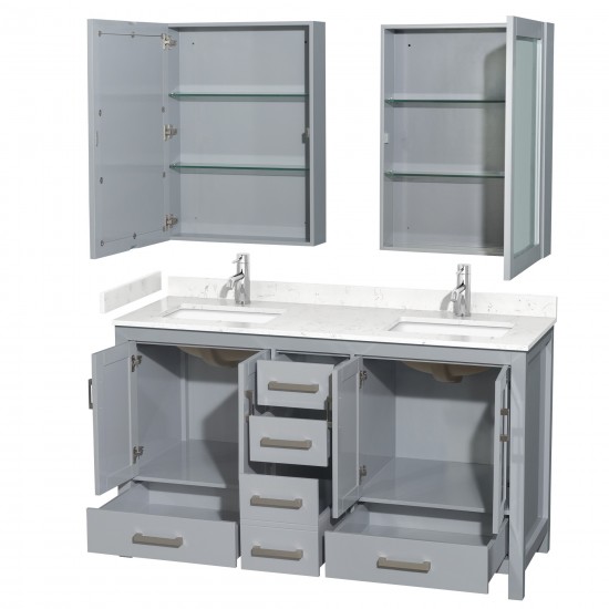 60 Inch Double Bathroom Vanity in Gray, Carrara Cultured Marble Countertop, Sinks, Medicine Cabinets