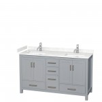 60 Inch Double Bathroom Vanity in Gray, Carrara Cultured Marble Countertop, Sinks, No Mirror