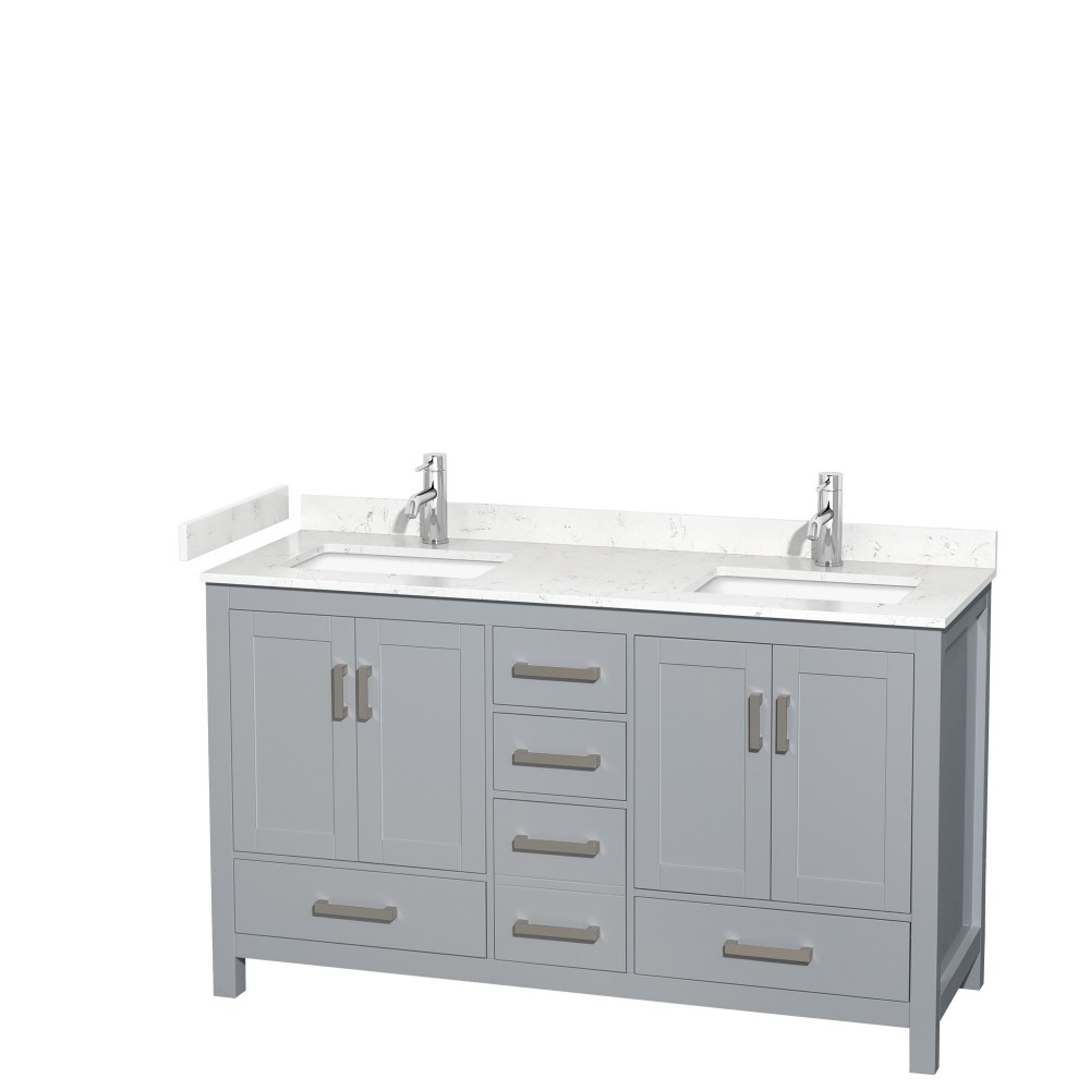 60 Inch Double Bathroom Vanity in Gray, Carrara Cultured Marble Countertop, Sinks, No Mirror