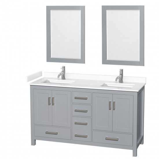 60 Inch Double Bathroom Vanity in Gray, White Cultured Marble Countertop, Sinks, 24 Inch Mirrors