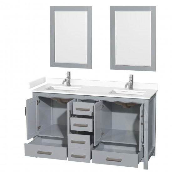 60 Inch Double Bathroom Vanity in Gray, White Cultured Marble Countertop, Sinks, 24 Inch Mirrors