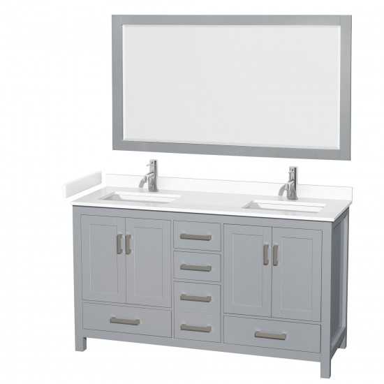 60 Inch Double Bathroom Vanity in Gray, White Cultured Marble Countertop, Sinks, 58 Inch Mirror