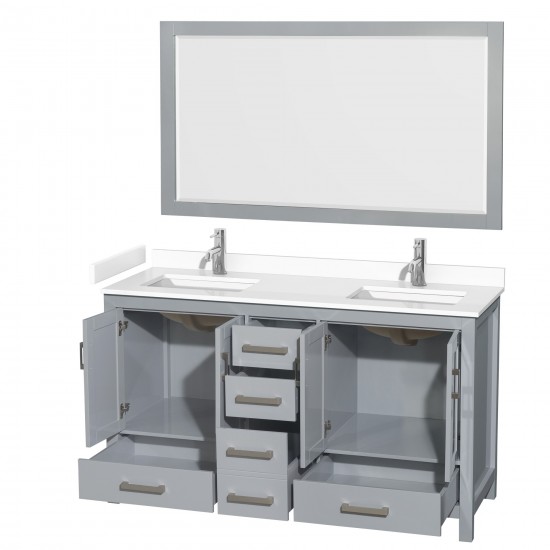 60 Inch Double Bathroom Vanity in Gray, White Cultured Marble Countertop, Sinks, 58 Inch Mirror