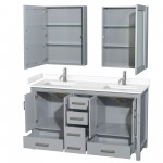 60 Inch Double Bathroom Vanity in Gray, White Cultured Marble Countertop, Sinks, Medicine Cabinets