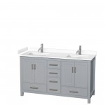 60 Inch Double Bathroom Vanity in Gray, White Cultured Marble Countertop, Sinks, No Mirror