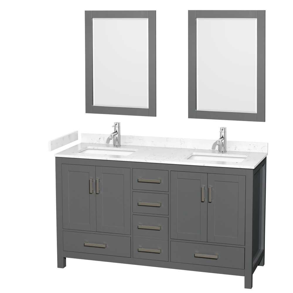 60 Inch Double Bathroom Vanity in Dark Gray, Carrara Cultured Marble Countertop, Sinks, 24 Inch Mirrors