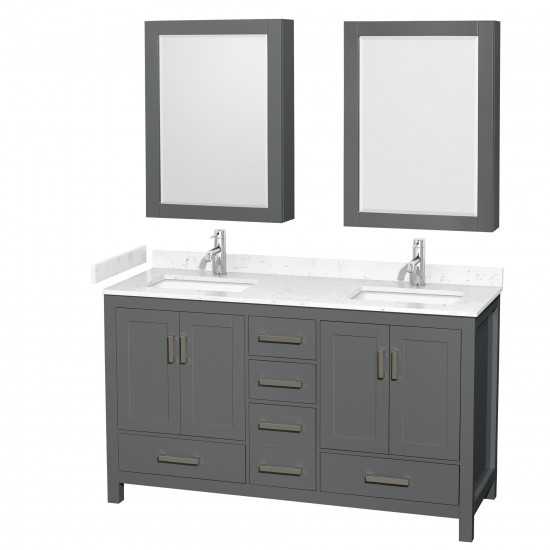 60 Inch Double Bathroom Vanity in Dark Gray, Carrara Cultured Marble Countertop, Sinks, Medicine Cabinets