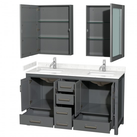 60 Inch Double Bathroom Vanity in Dark Gray, Carrara Cultured Marble Countertop, Sinks, Medicine Cabinets