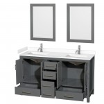 60 Inch Double Bathroom Vanity in Dark Gray, White Cultured Marble Countertop, Sinks, 24 Inch Mirrors