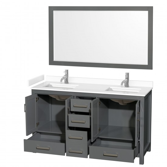 60 Inch Double Bathroom Vanity in Dark Gray, White Cultured Marble Countertop, Sinks, 58 Inch Mirror