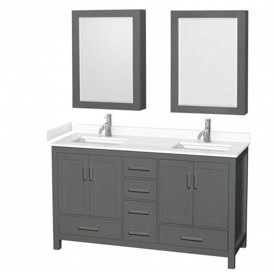 60 Inch Double Bathroom Vanity in Dark Gray, White Cultured Marble Countertop, Sinks, Medicine Cabinets