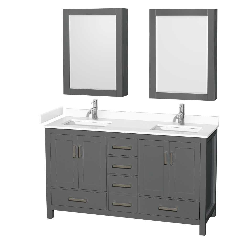 60 Inch Double Bathroom Vanity in Dark Gray, White Cultured Marble Countertop, Sinks, Medicine Cabinets