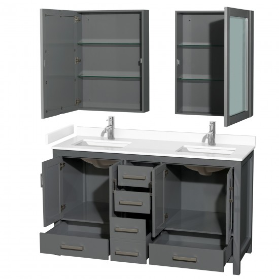 60 Inch Double Bathroom Vanity in Dark Gray, White Cultured Marble Countertop, Sinks, Medicine Cabinets