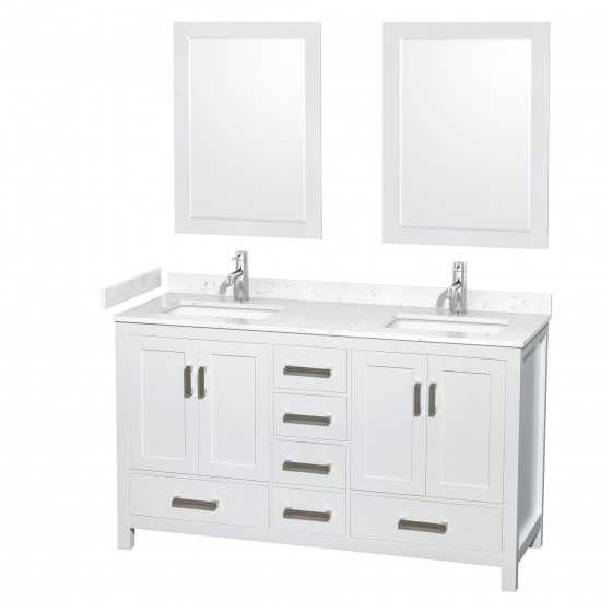 60 Inch Double Bathroom Vanity in White, Carrara Cultured Marble Countertop, Sinks, 24 Inch Mirrors