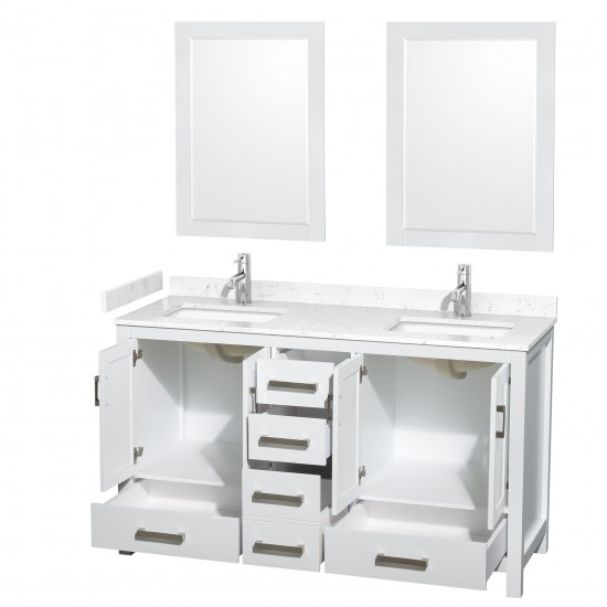 60 Inch Double Bathroom Vanity in White, Carrara Cultured Marble Countertop, Sinks, 24 Inch Mirrors