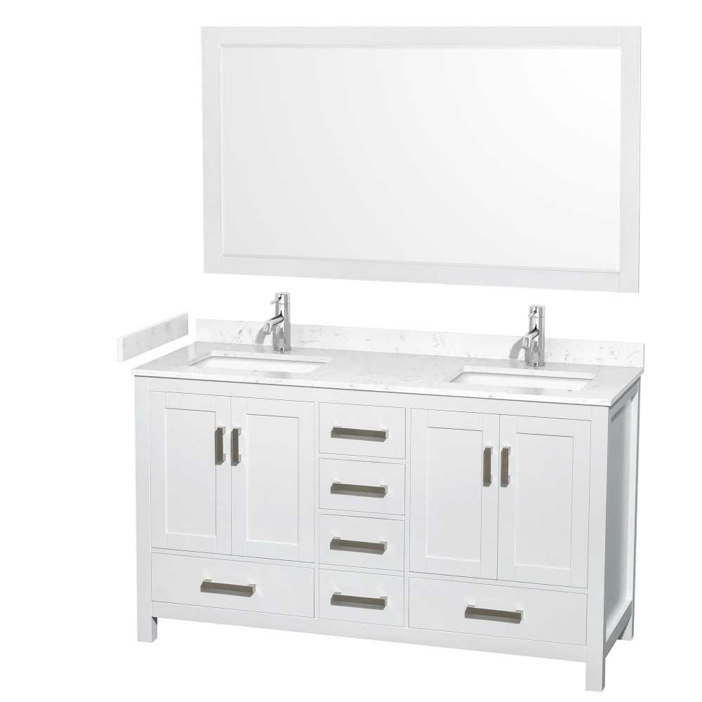 60 Inch Double Bathroom Vanity in White, Carrara Cultured Marble Countertop, Sinks, 58 Inch Mirror