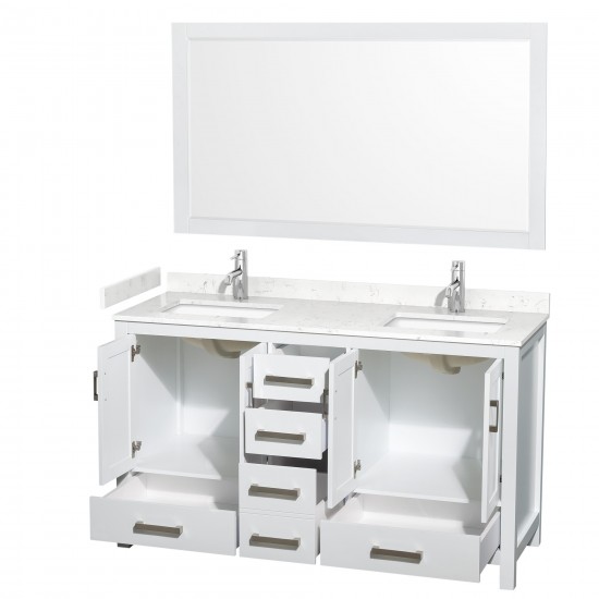 60 Inch Double Bathroom Vanity in White, Carrara Cultured Marble Countertop, Sinks, 58 Inch Mirror