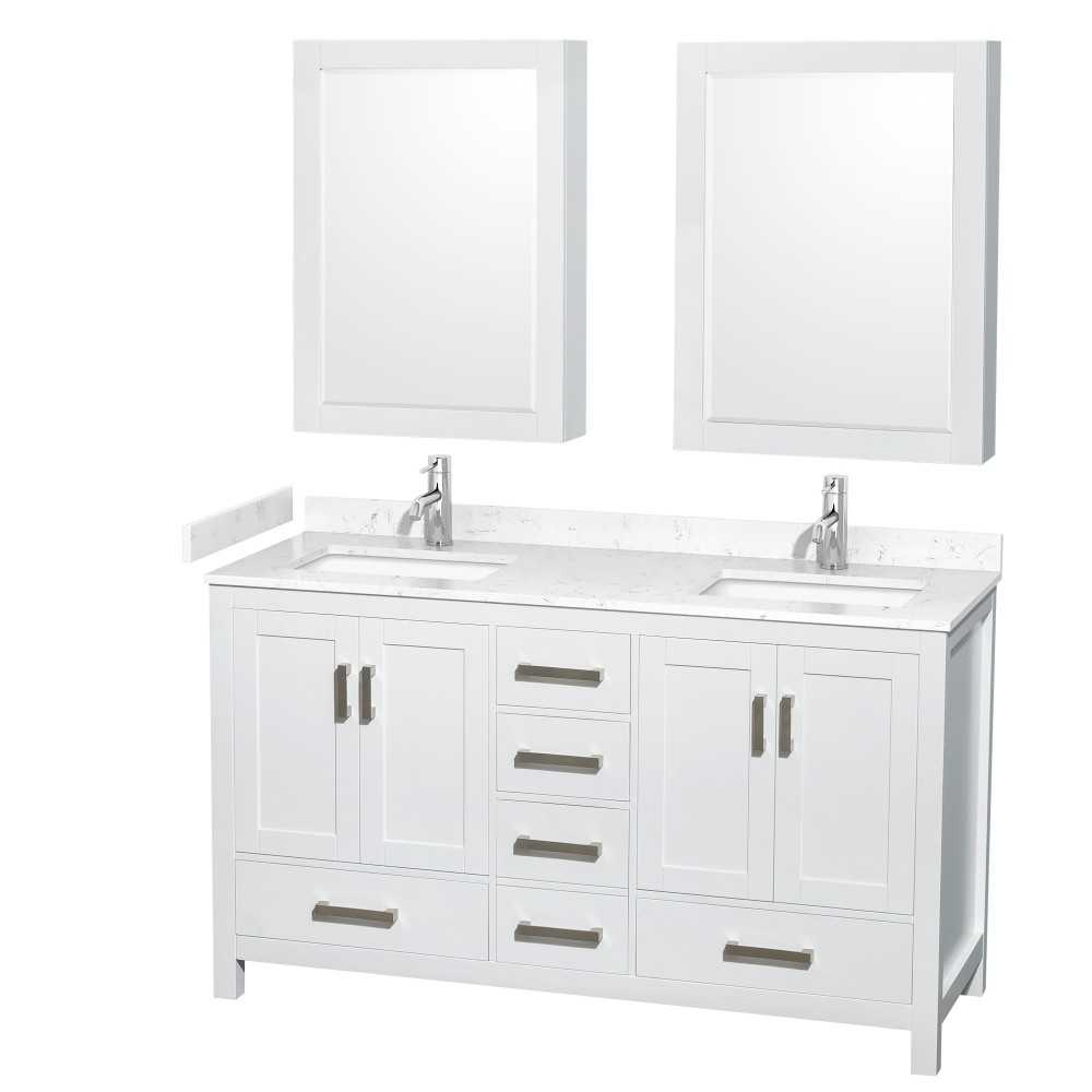 60 Inch Double Bathroom Vanity in White, Carrara Cultured Marble Countertop, Sinks, Medicine Cabinets