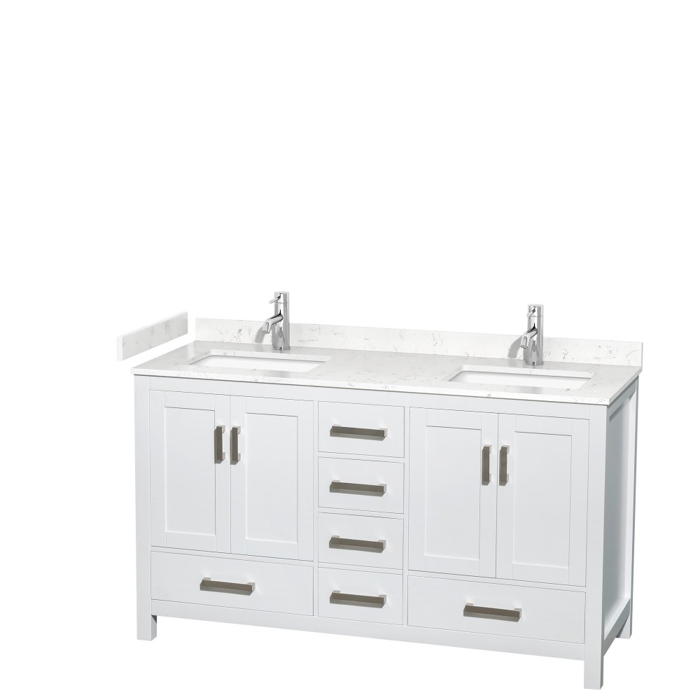 60 Inch Double Bathroom Vanity in White, Carrara Cultured Marble Countertop, Sinks, No Mirror