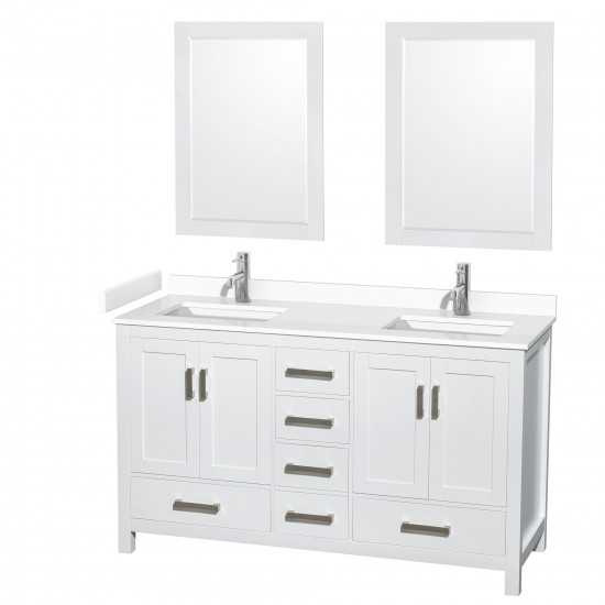 60 Inch Double Bathroom Vanity in White, White Cultured Marble Countertop, Sinks, 24 Inch Mirrors