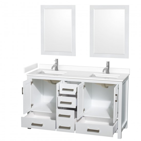 60 Inch Double Bathroom Vanity in White, White Cultured Marble Countertop, Sinks, 24 Inch Mirrors