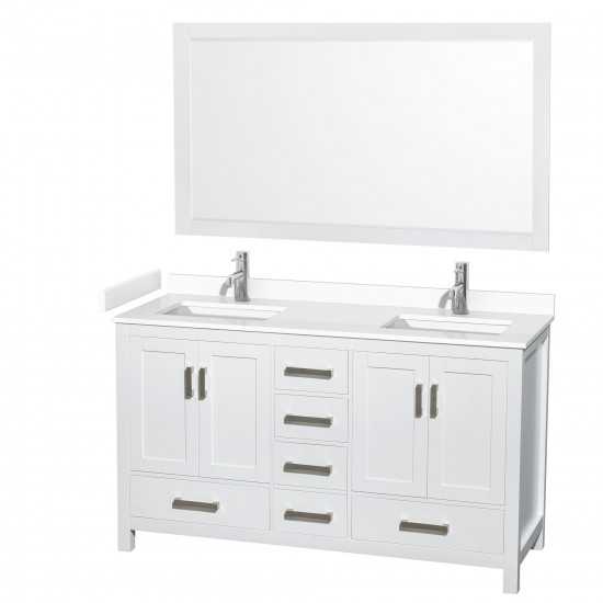 60 Inch Double Bathroom Vanity in White, White Cultured Marble Countertop, Sinks, 58 Inch Mirror