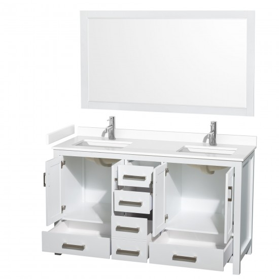 60 Inch Double Bathroom Vanity in White, White Cultured Marble Countertop, Sinks, 58 Inch Mirror