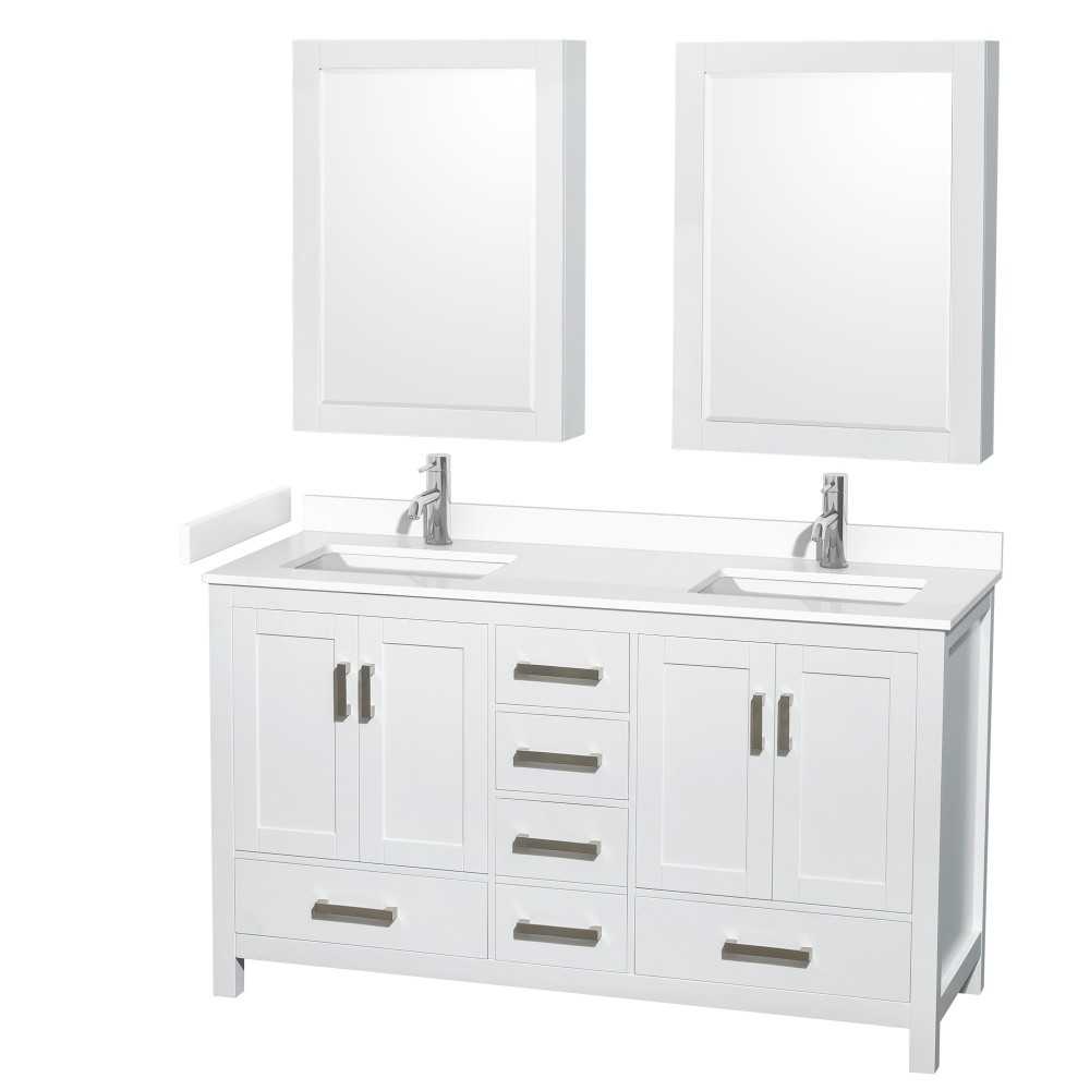 60 Inch Double Bathroom Vanity in White, White Cultured Marble Countertop, Sinks, Medicine Cabinets