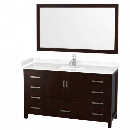 60 Inch Single Bathroom Vanity in Espresso, Carrara Cultured Marble Countertop, Sink, 58 Inch Mirror