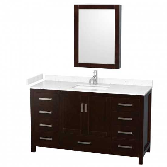 60 Inch Single Bathroom Vanity in Espresso, Carrara Cultured Marble Countertop, Sink, Medicine Cabinet