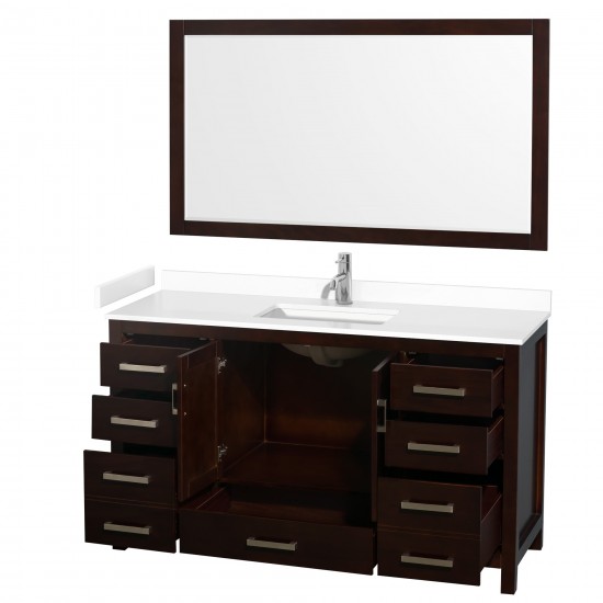 60 Inch Single Bathroom Vanity in Espresso, White Cultured Marble Countertop, Sink, 58 Inch Mirror