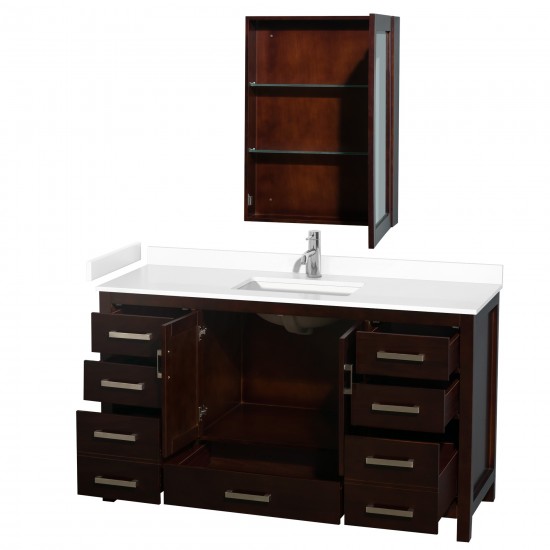 60 Inch Single Bathroom Vanity in Espresso, White Cultured Marble Countertop, Sink, Medicine Cabinet