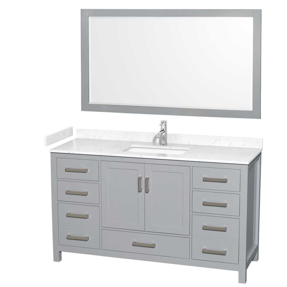 60 Inch Single Bathroom Vanity in Gray, Carrara Cultured Marble Countertop, Sink, 58 Inch Mirror