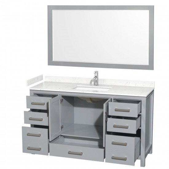 60 Inch Single Bathroom Vanity in Gray, Carrara Cultured Marble Countertop, Sink, 58 Inch Mirror