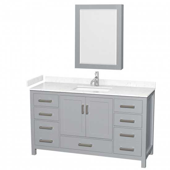 60 Inch Single Bathroom Vanity in Gray, Carrara Cultured Marble Countertop, Sink, Medicine Cabinet