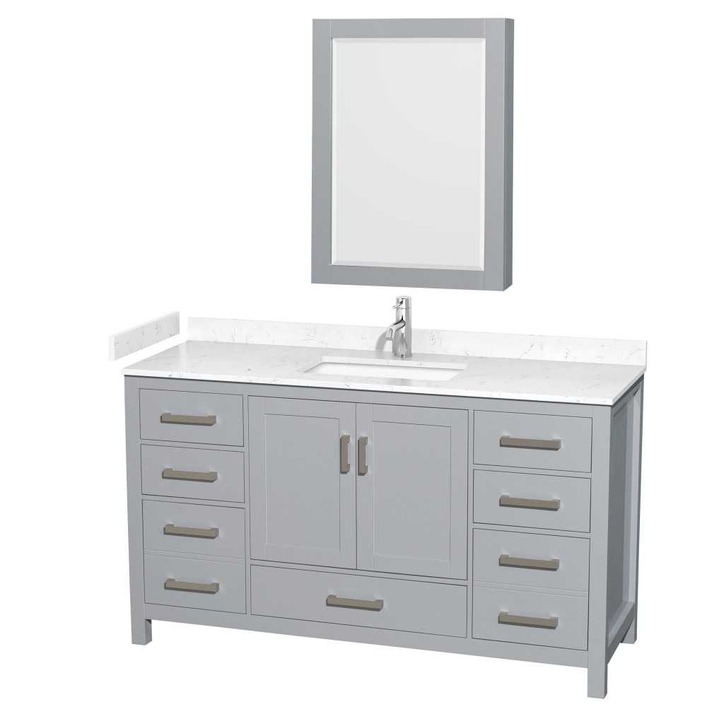 60 Inch Single Bathroom Vanity in Gray, Carrara Cultured Marble Countertop, Sink, Medicine Cabinet