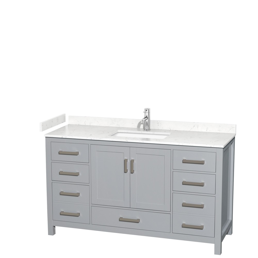 60 Inch Single Bathroom Vanity in Gray, Carrara Cultured Marble Countertop, Sink, No Mirror