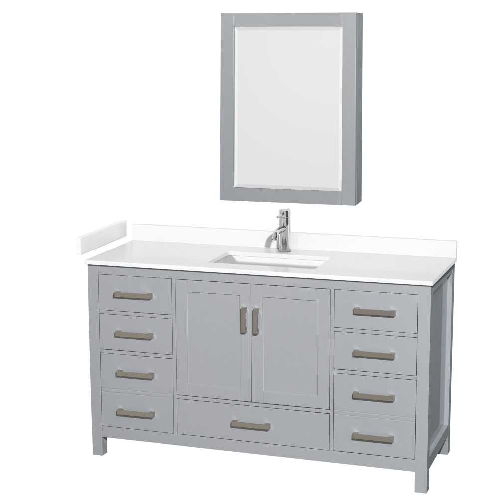 60 Inch Single Bathroom Vanity in Gray, White Cultured Marble Countertop, Sink, Medicine Cabinet