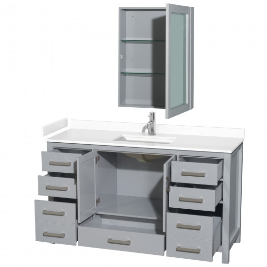 60 Inch Single Bathroom Vanity in Gray, White Cultured Marble Countertop, Sink, Medicine Cabinet