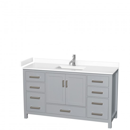 60 Inch Single Bathroom Vanity in Gray, White Cultured Marble Countertop, Sink, No Mirror