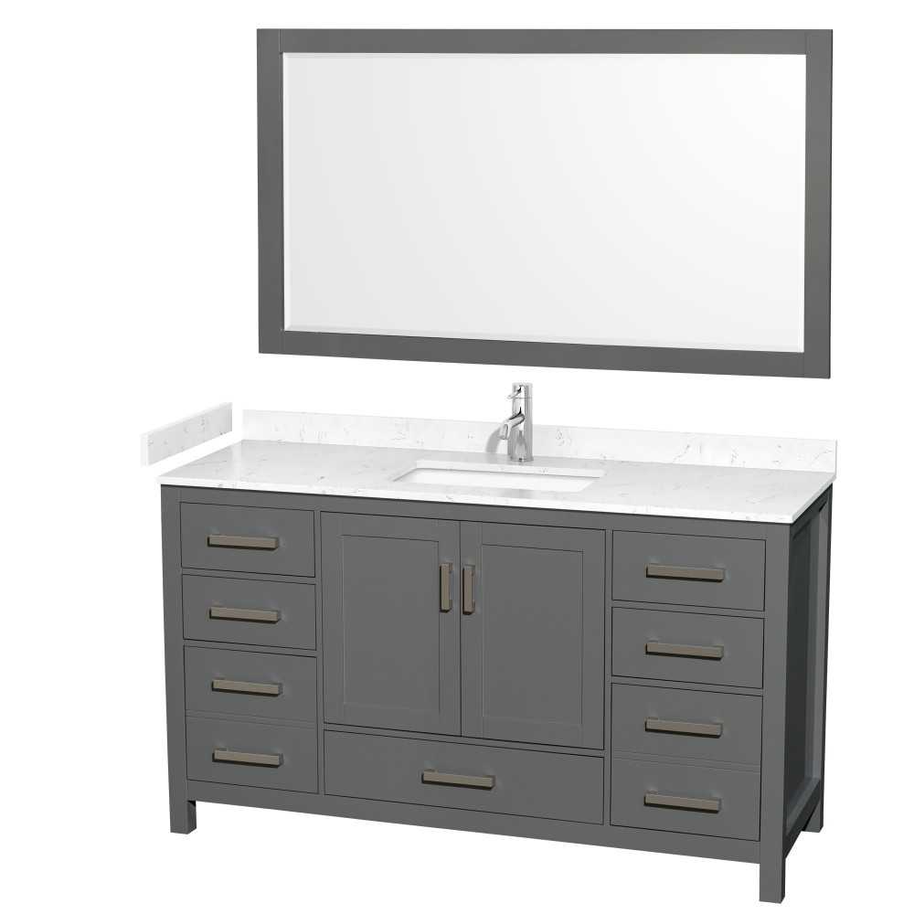 60 Inch Single Bathroom Vanity in Dark Gray, Carrara Cultured Marble Countertop, Sink, 58 Inch Mirror