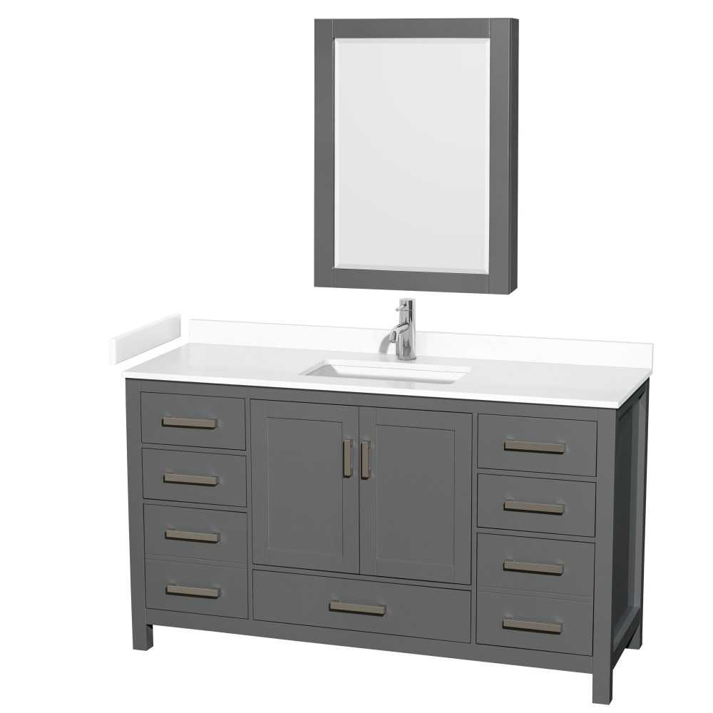 60 Inch Single Bathroom Vanity in Dark Gray, White Cultured Marble Countertop, Sink, Medicine Cabinet